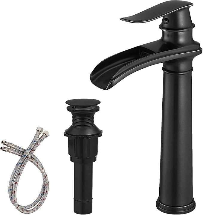 BWE Waterfall Single Hole/Handle Bathroom Vessel Sink Faucet With Pop-up Black