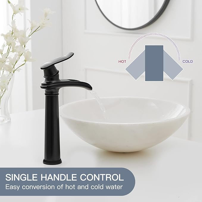 BWE Waterfall Single Hole/Handle Bathroom Vessel Sink Faucet With Pop-up Black