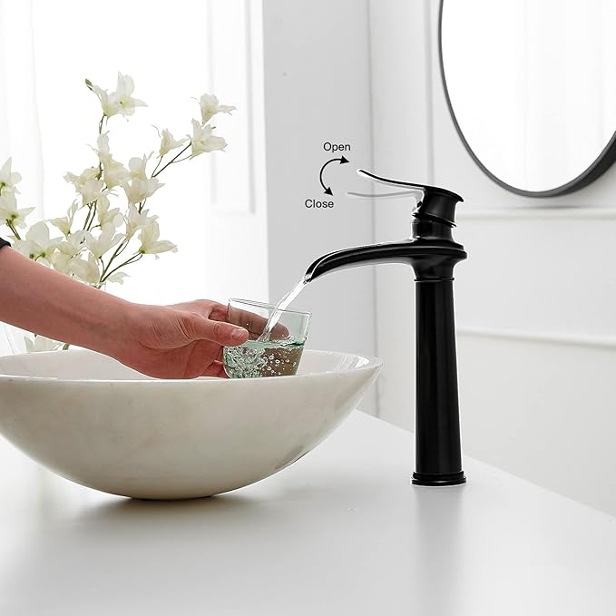 BWE Waterfall Single Hole/Handle Bathroom Vessel Sink Faucet With Pop-up Black
