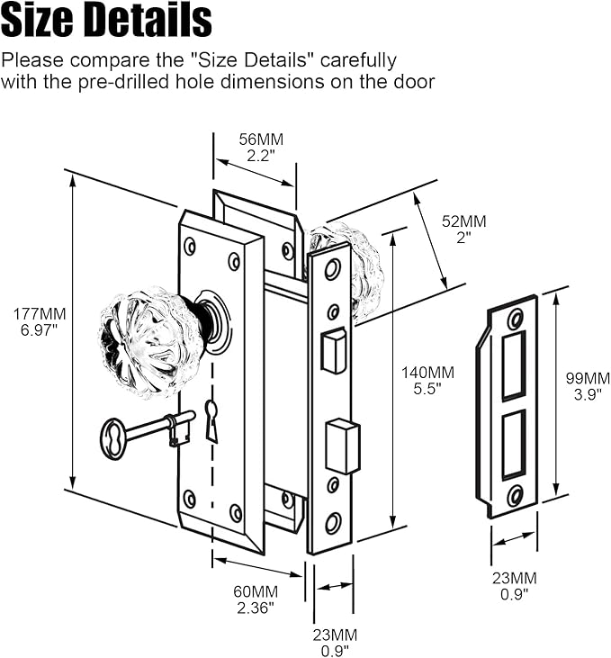 Mortise Lock Set with Crystal Glass Knob, Antique Door Knobs with Lock and Skeleton Key, Fit Interior Door, Brushed Nickel Finish
