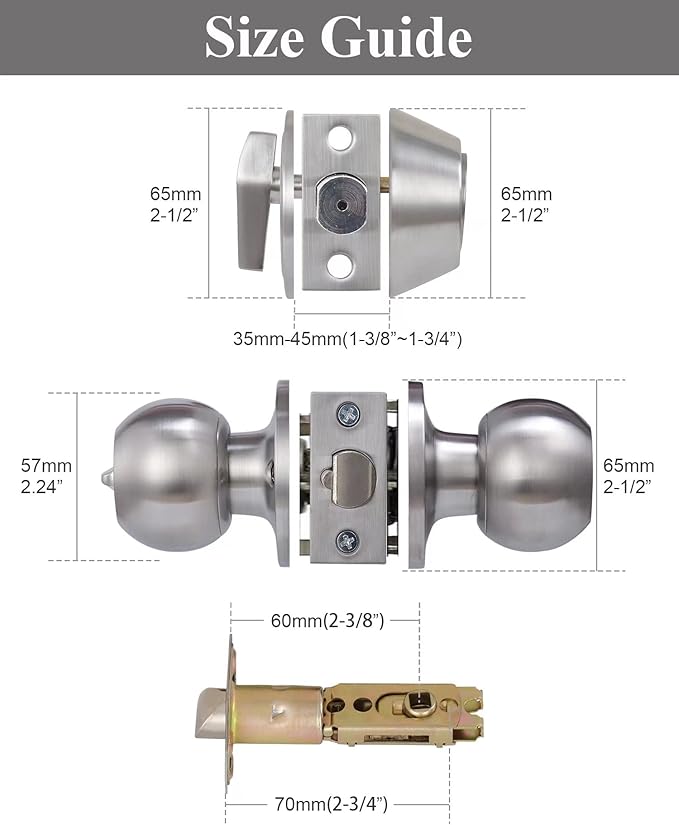 2 Sets All Keyed Same Entry Door Knob and Single Cylinder Deadbolt Combo Set, Round Ball Satin Nickel Exterior Door Knobs with Lock and Keys for Entrance and Front Door