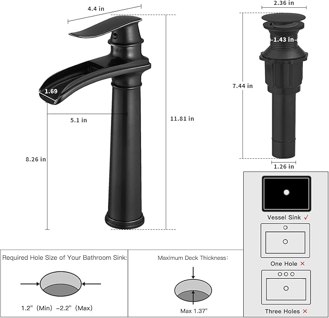 BWE Waterfall Single Hole/Handle Bathroom Vessel Sink Faucet With Pop-up Black