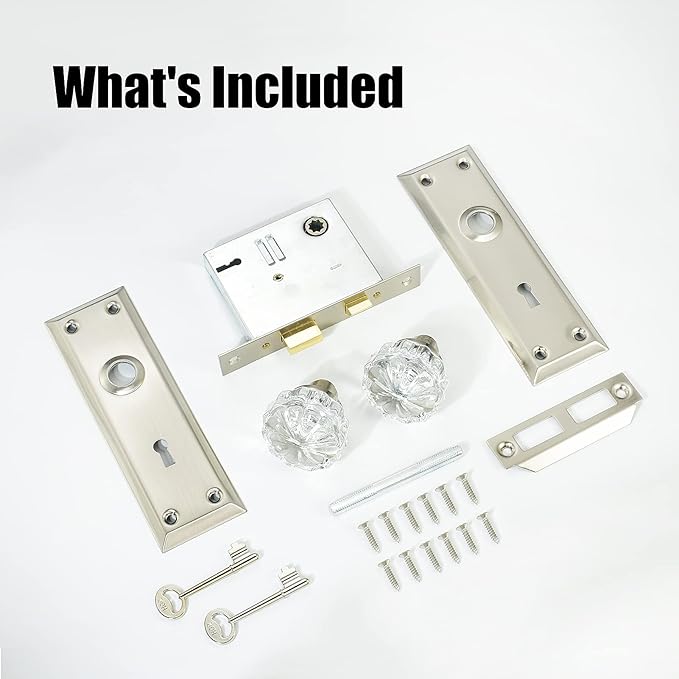 Mortise Lock Set with Crystal Glass Knob, Antique Door Knobs with Lock and Skeleton Key, Fit Interior Door, Brushed Nickel Finish