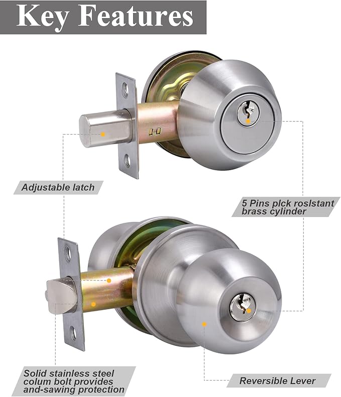 2 Sets All Keyed Same Entry Door Knob and Single Cylinder Deadbolt Combo Set, Round Ball Satin Nickel Exterior Door Knobs with Lock and Keys for Entrance and Front Door