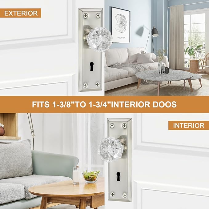 Mortise Lock Set with Crystal Glass Knob, Antique Door Knobs with Lock and Skeleton Key, Fit Interior Door, Brushed Nickel Finish