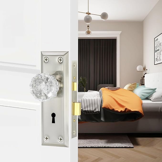 Mortise Lock Set with Crystal Glass Knob, Antique Door Knobs with Lock and Skeleton Key, Fit Interior Door, Brushed Nickel Finish