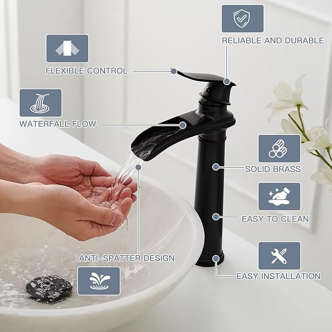 BWE Waterfall Single Hole/Handle Bathroom Vessel Sink Faucet With Pop-up Black