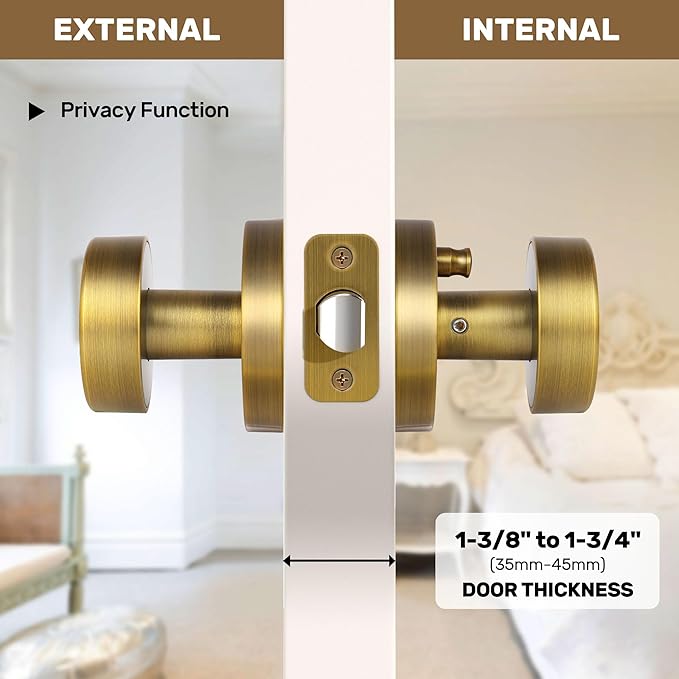 Antique Brass Privacy Door Knobs Interior with Lock, Old Style Round Door Knob Vintage Door Handle for Bedroom Bathroom Lockable Door Knob (1 Pack Privacy)