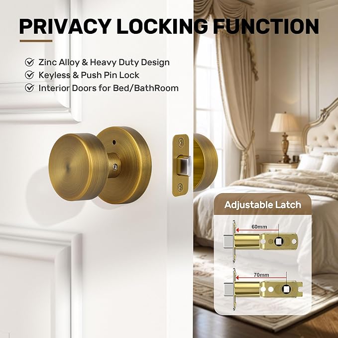 Antique Brass Privacy Door Knobs Interior with Lock, Old Style Round Door Knob Vintage Door Handle for Bedroom Bathroom Lockable Door Knob (1 Pack Privacy)