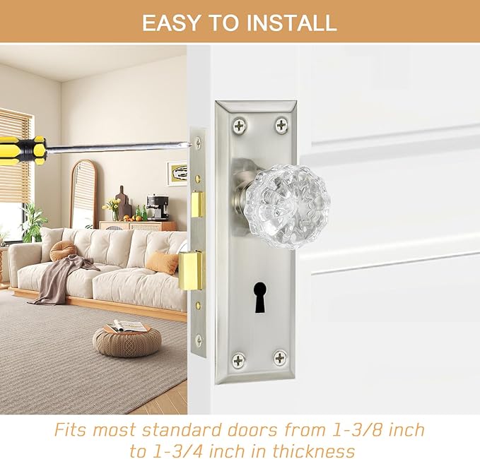 Mortise Lock Set with Crystal Glass Knob, Antique Door Knobs with Lock and Skeleton Key, Fit Interior Door, Brushed Nickel Finish
