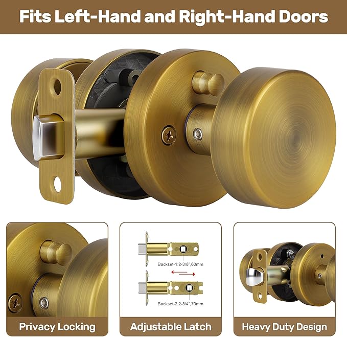 Antique Brass Privacy Door Knobs Interior with Lock, Old Style Round Door Knob Vintage Door Handle for Bedroom Bathroom Lockable Door Knob (1 Pack Privacy)