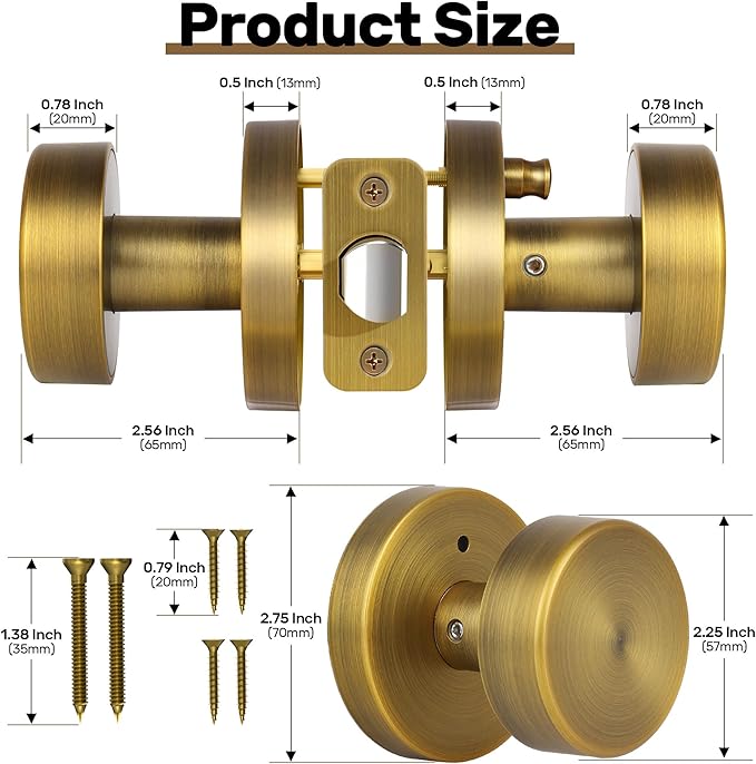 Antique Brass Privacy Door Knobs Interior with Lock, Old Style Round Door Knob Vintage Door Handle for Bedroom Bathroom Lockable Door Knob (1 Pack Privacy)