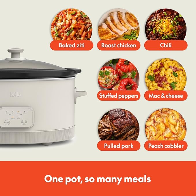 BELLA 6 Qt Programmable Slow Cooker, Ceramic Nonstick Coating, Adjustable Temperature, Dishwasher Safe, Stoneware Pot & Tempered Glass Lid – Open Box