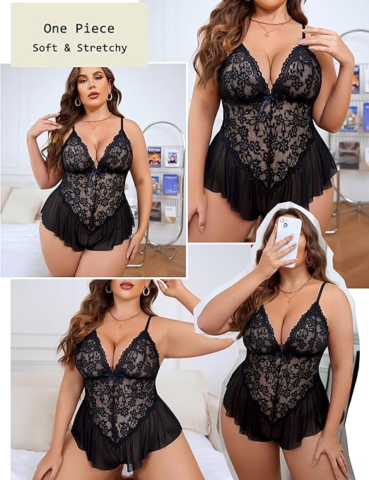 Avidlove Plus Size Lingerie for Women Lace Bodysuit One Piece Teddy Babydoll Mesh Chemise V Neck Sleepwear, M