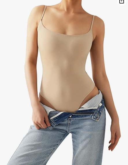 SUUKSESS Women’s Square-Neck Thong Bodysuit – Seamless Backless Cami Style (Nude, Large)