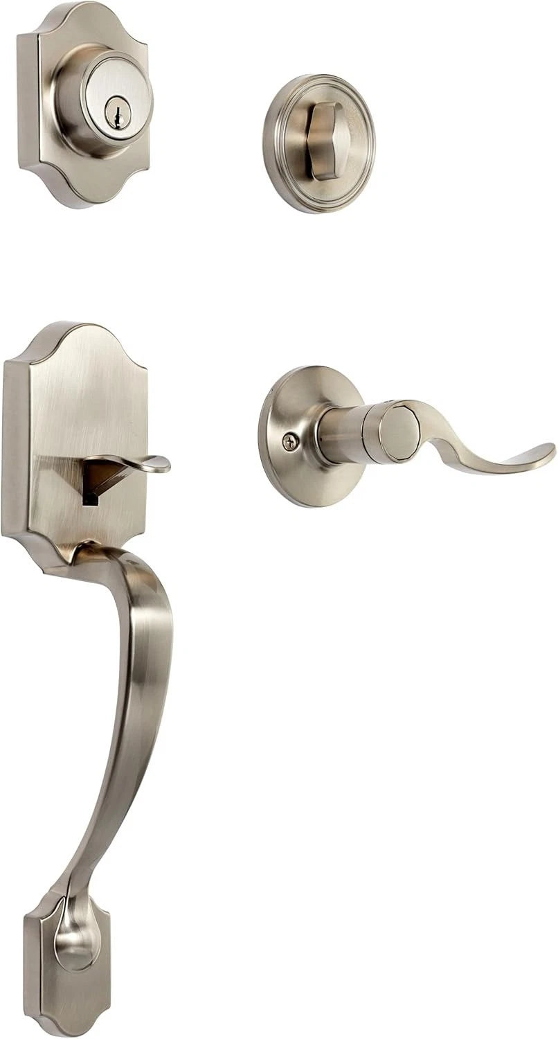 AMZ Basics Front Door Lock Set Handle Set Shelby Lever Level Handle Satin Nickel