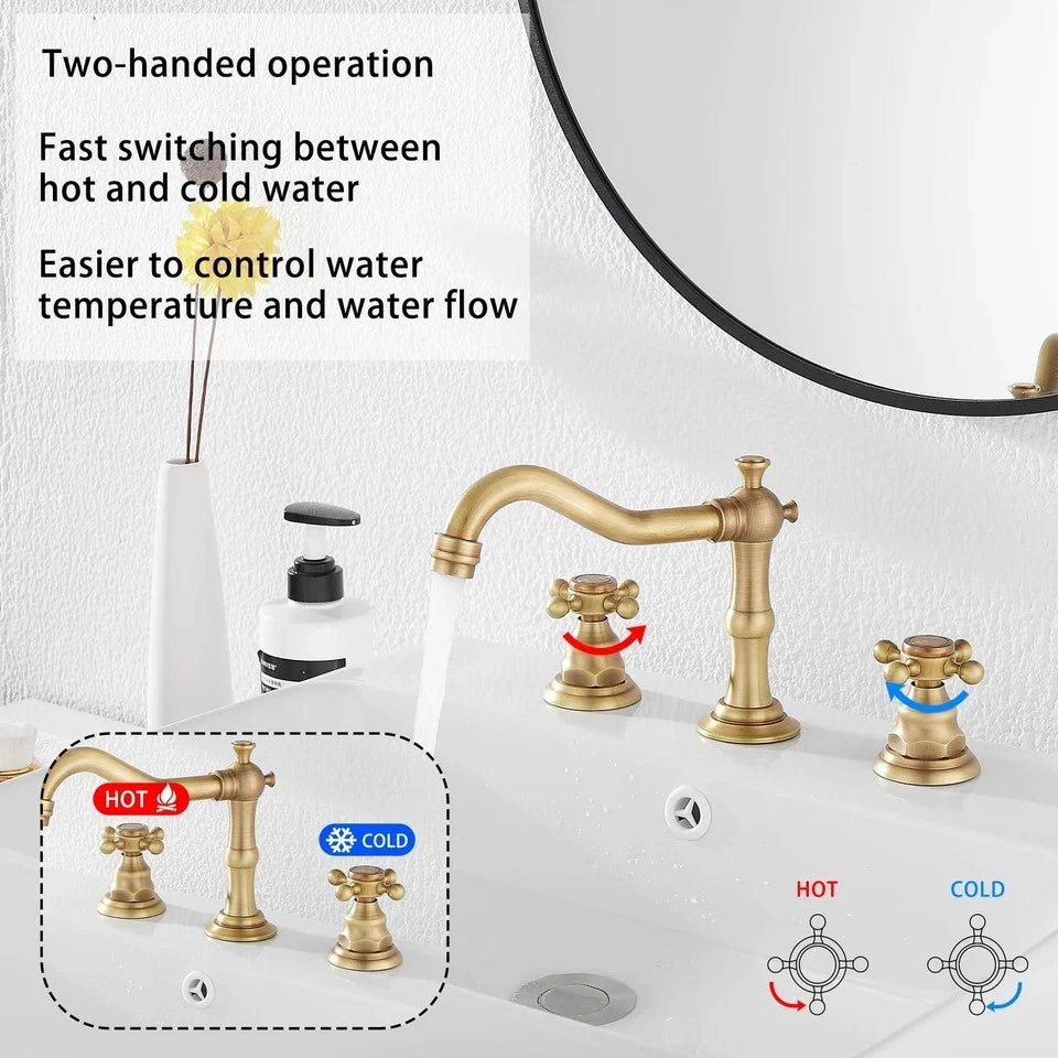 GGStudy 8-inch 2-Handle 3-Hole Widespread Bathroom Sink Faucet, Basin Mixer Tap Faucet Matching Metal Pop-Up Drain with Overflow