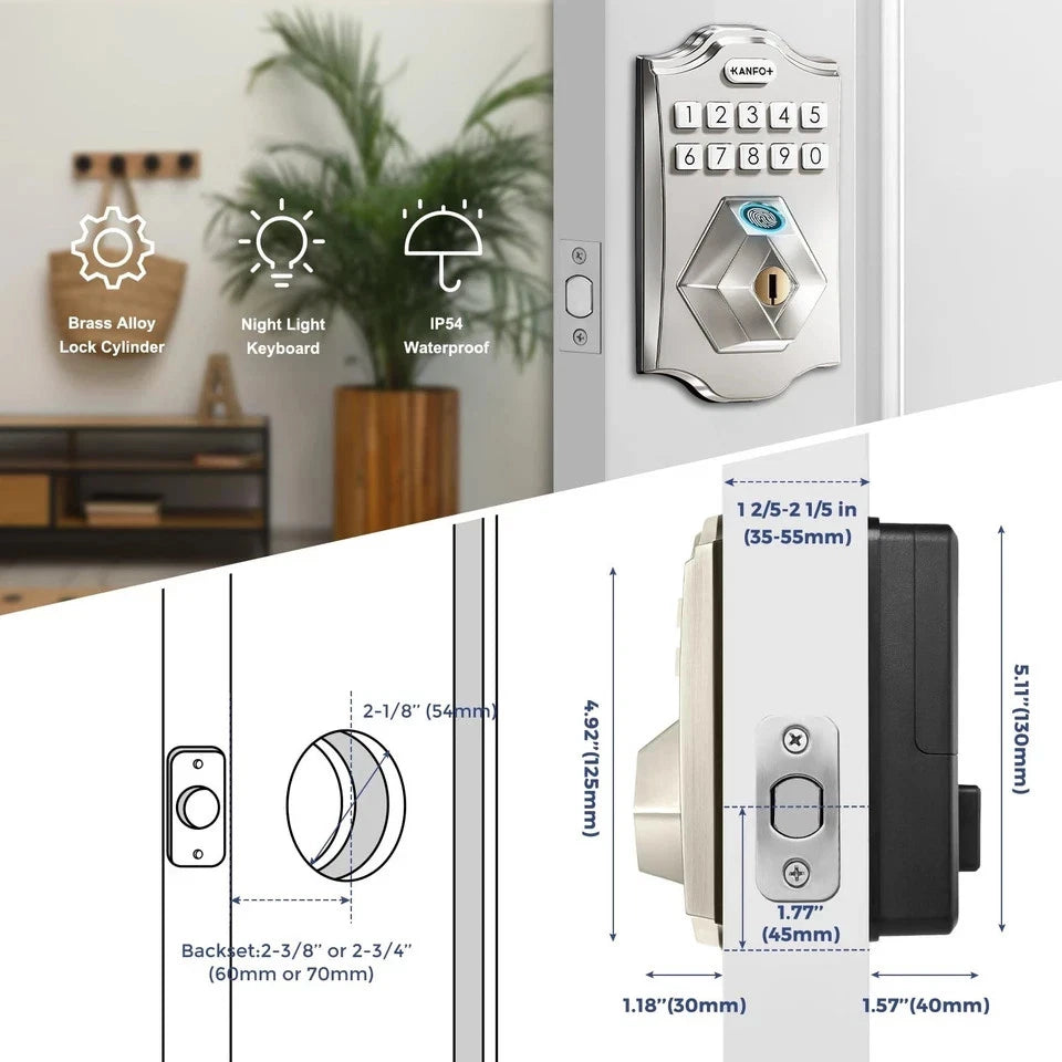 KS2 Fingerprint, Keyless Entry Deadbolt with Keypad, Electronic Deadbolt, Smart Locks for Front Door, with Code,Auto Lock,Easy Installation,Satin Nickel