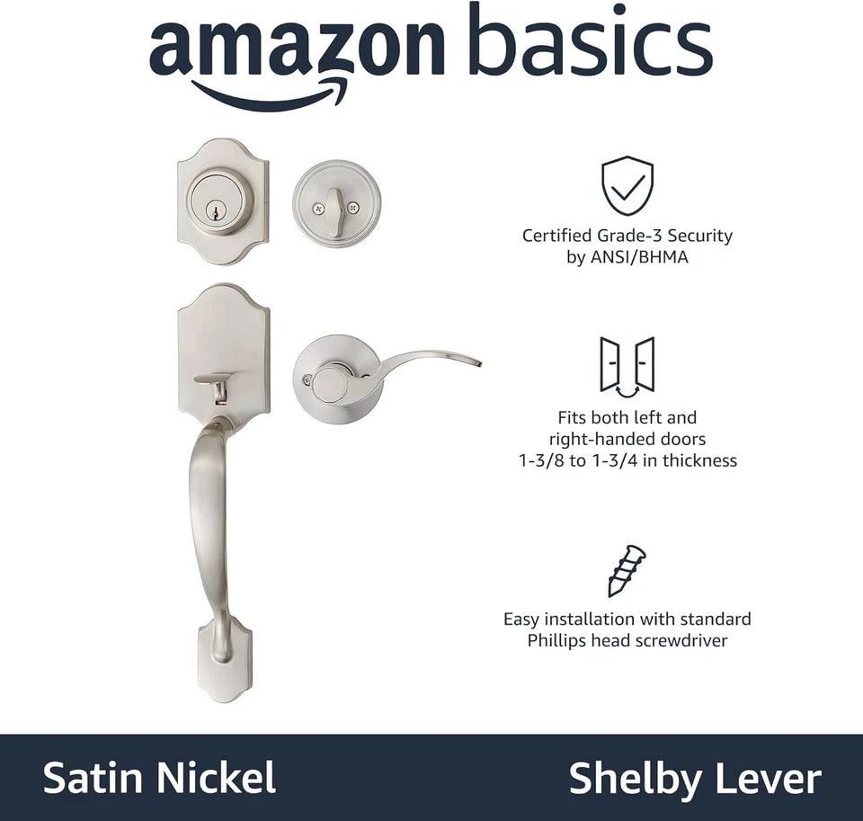 AMZ Basics Front Door Lock Set Handle Set Shelby Lever Level Handle Satin Nickel