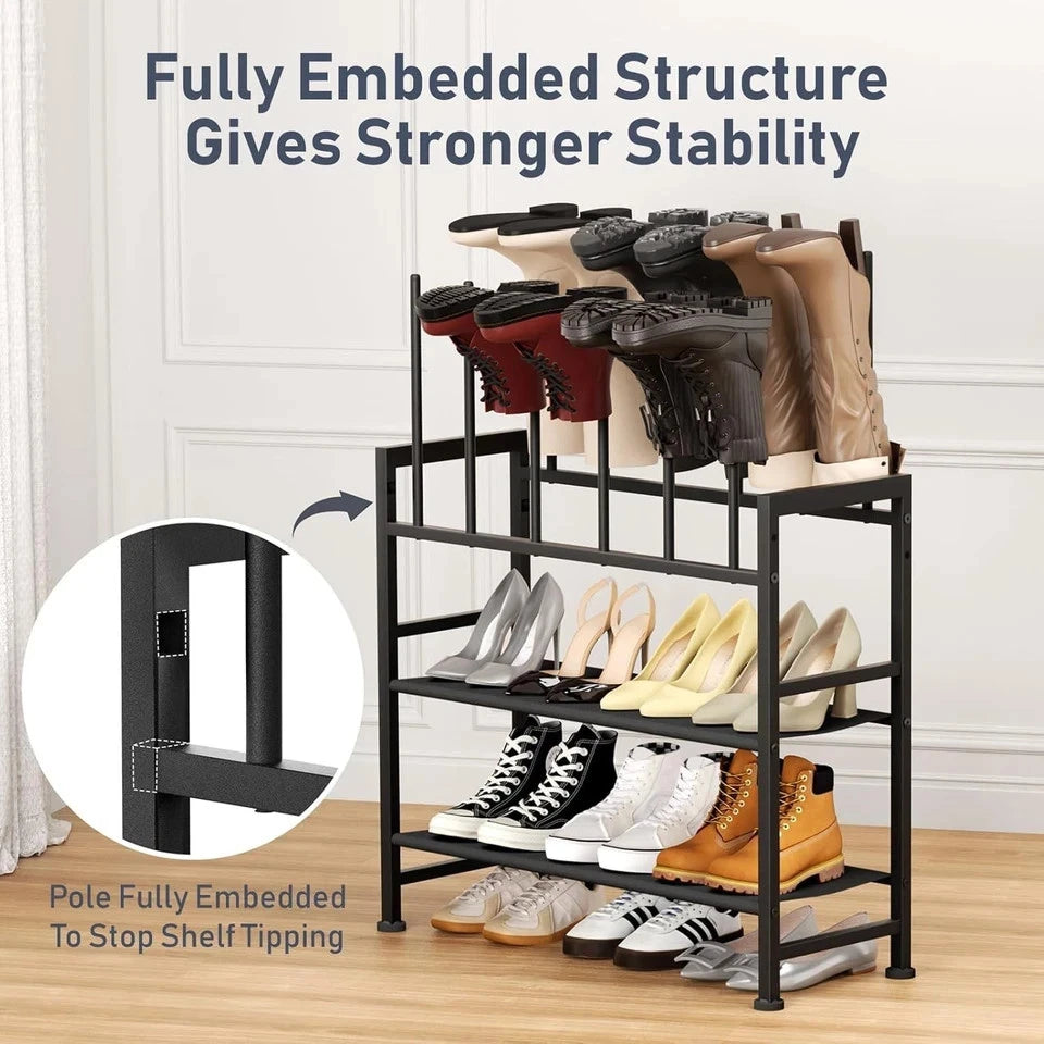 Boot Rack 4-Tier Black Metal Boot Storage Rack for Tall Boots Organizer Entryway