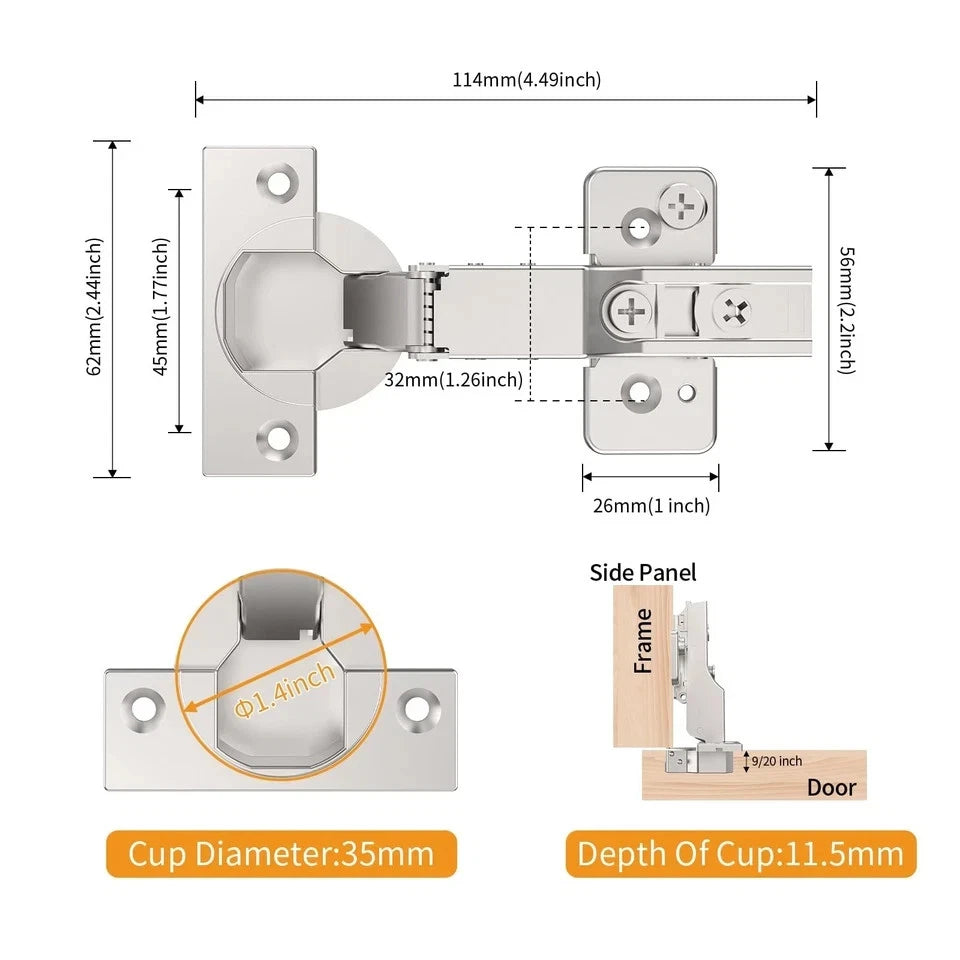 20 Pack Frameless Half Overlay Soft Close Concealed Hinges, Satin Nickel
