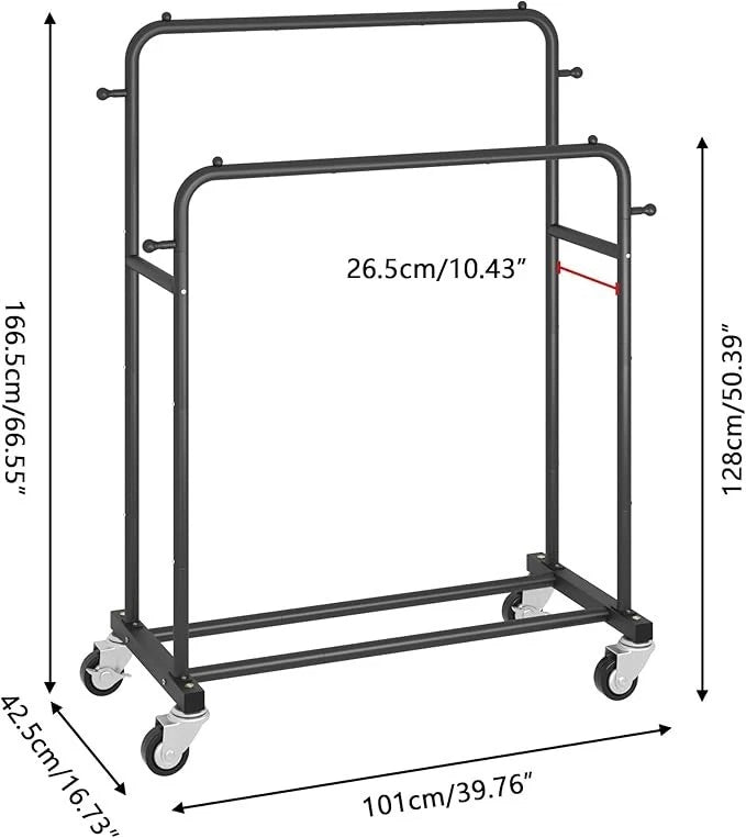 Laiensia Double Rods Garment Rack with Wheels, Clothing Rack for Hanging Clothes