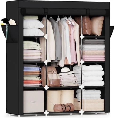 Portable Closet, Organizer with Cover, 3 Hanging Rod (Black, 59" W x 18" D x 64H