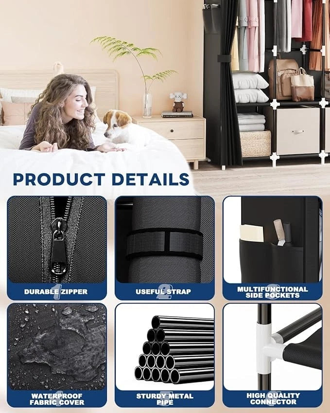 Portable Closet, Organizer with Cover, 3 Hanging Rod (Black, 59" W x 18" D x 64H