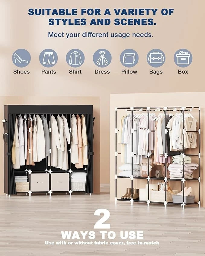 Portable Closet, Organizer with Cover, 3 Hanging Rod (Black, 59" W x 18" D x 64H