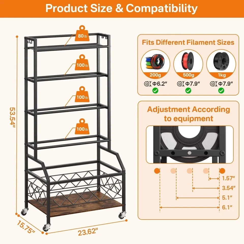 3D Printer Filament Storage Rack Wheels 4-Tier Filament Spool Holder Organizer