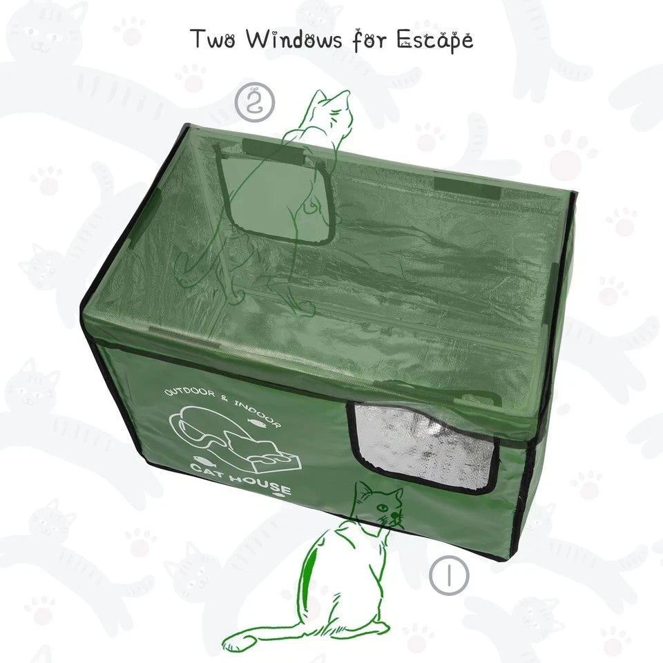Indestructible Cat House Outdoor with Two-Sided Escape Door, Insulated